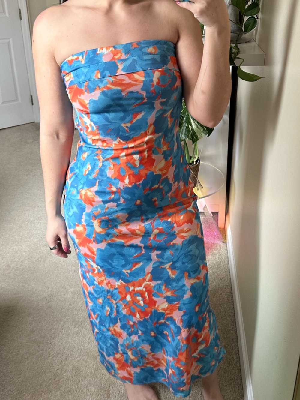 Strapless Blue & Orange Floral Midi Dress